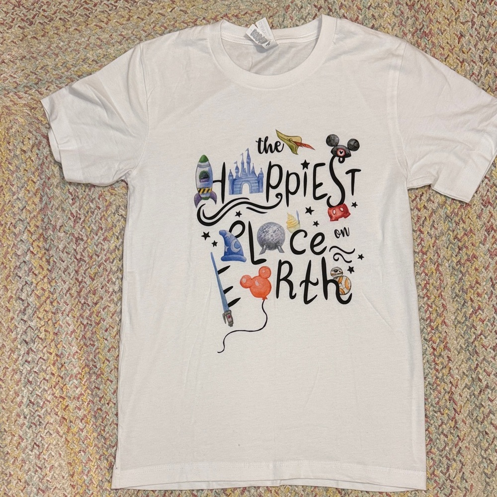 White Graphic with Disney Inspired colorful design T-Shirt women's small